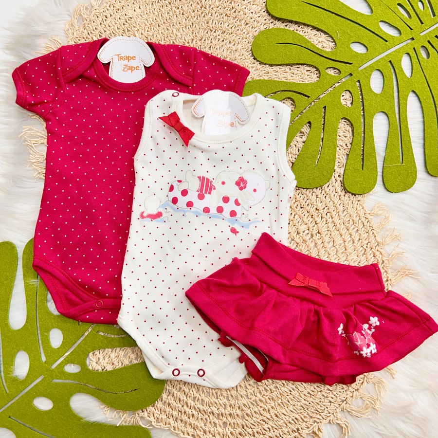 CONJ. DE MALHA 3 PEÇAS - Coelha Nadadora - Off White e Vermelho